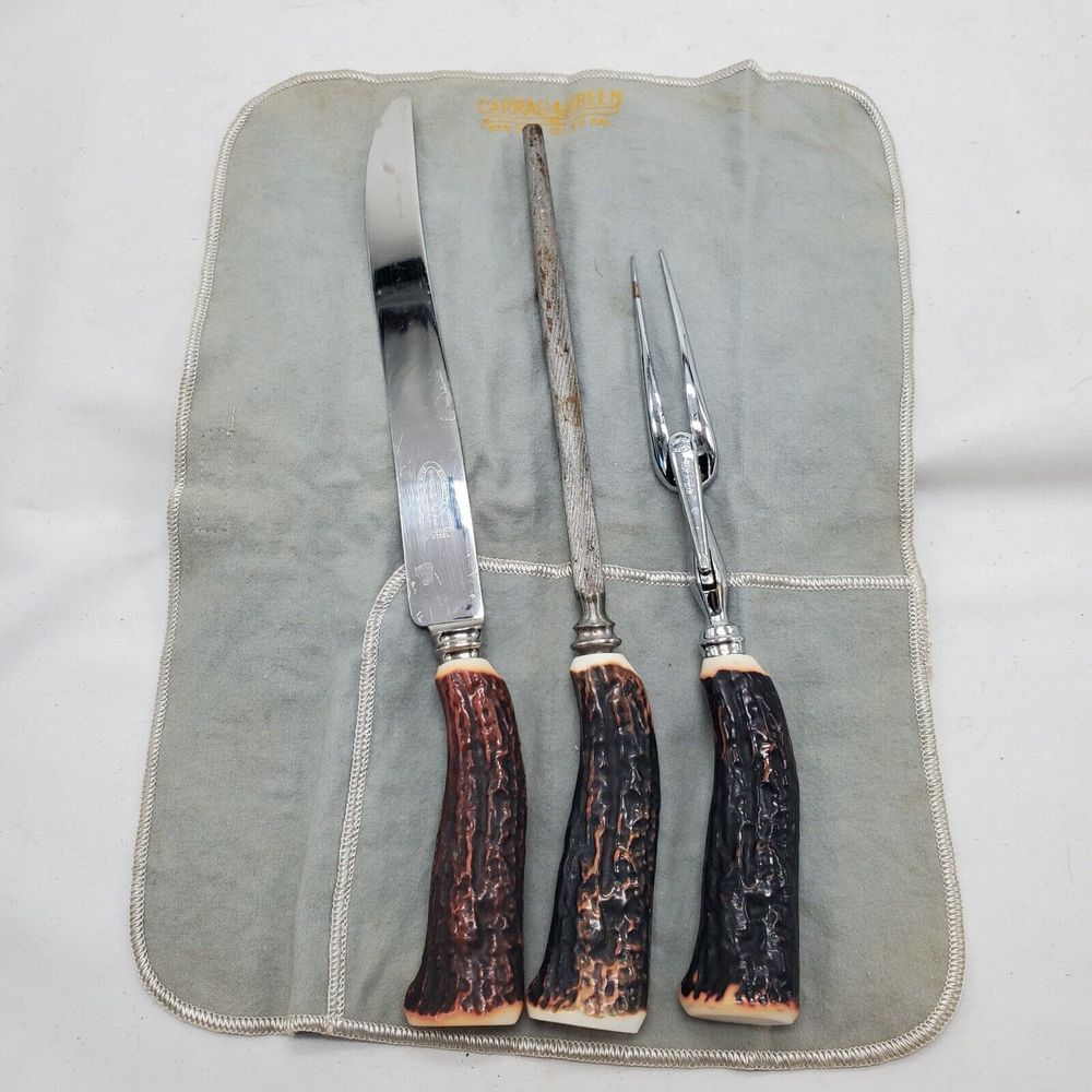 Vintage‎ Sheffield Everbrite Faux Antler 3pc Cutlery Carving Set Made in England